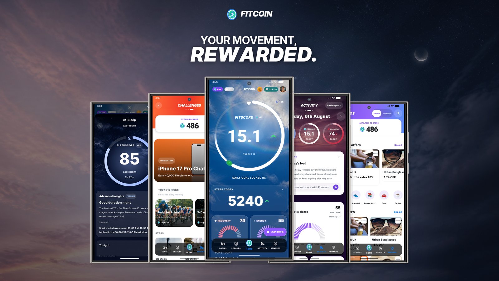 Fitcoin fitness rewards app on iPhone and Android, with Sleep, Recovery and Energy