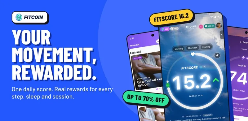 Fitcoin fitness rewards app on iPhone and Android, with Sleep, Recovery and Energy